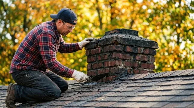 Mason kneeling on a shingle roof repairing the worn brick and crown of a chimney