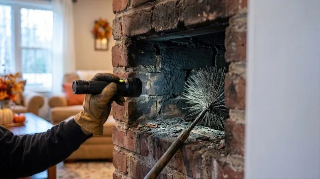 Technician inspecting a brick firebox with a flashlight and brush in a living room