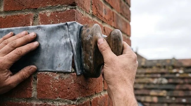 Hands dressing lead flashing against a brick chimney with a wooden tool