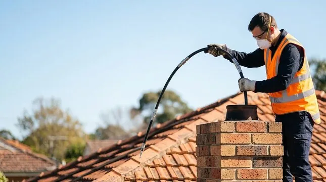 Technician in a safety vest feeding a line down a chimney flue from the roof