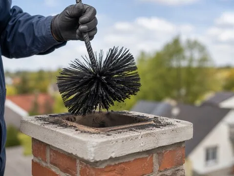 Wire chimney sweep brush lifted out of a clay flue tile on a brick chimney