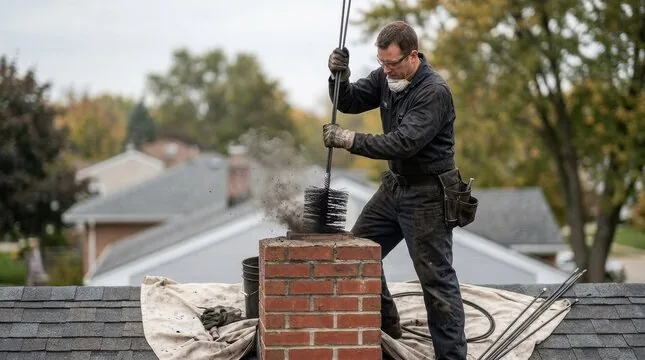 Chimney sweep on a Staten Island rooftop running a brush down a brick chimney with soot rising