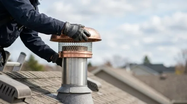 Technician installing a copper chimney cap with spark screen on a metal flue