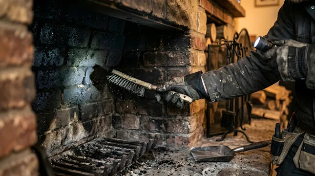 Brushing soot from the back wall of a brick firebox