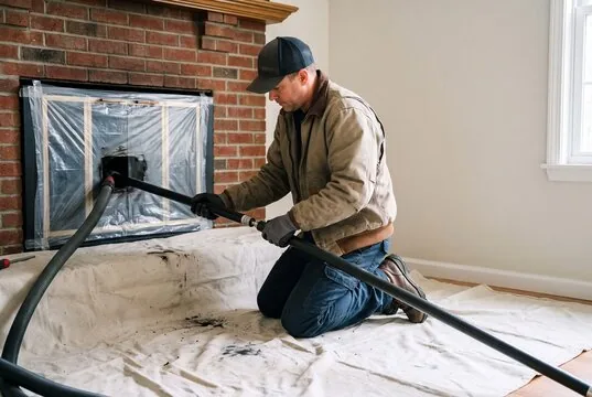 Technician vacuuming a chimney through a plastic-sealed fireplace over drop cloths