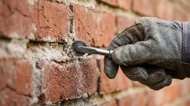 Gloved hand tooling a fresh mortar joint with a jointer on a brick wall