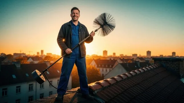 Smiling chimney sweep standing on a rooftop at sunset with his brush