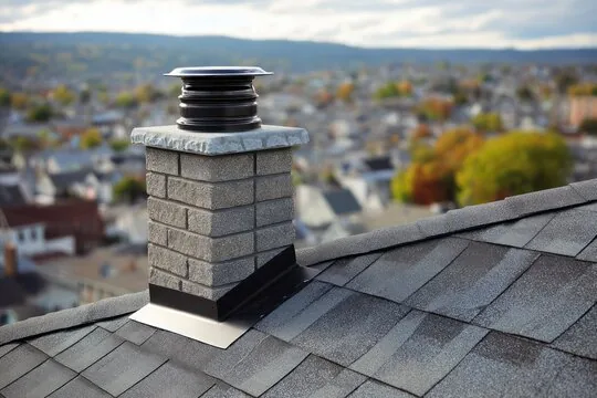 Stone chimney with a black cap and metal flashing on a shingle roof above a town