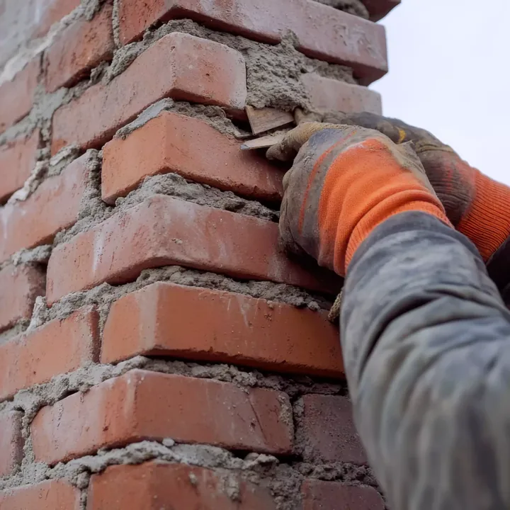 Mason in work gloves tuckpointing fresh mortar into the joints of a red brick column